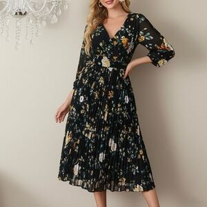 Indigo Rose Rose Garden Faux Wrap Pleated Dress Size S